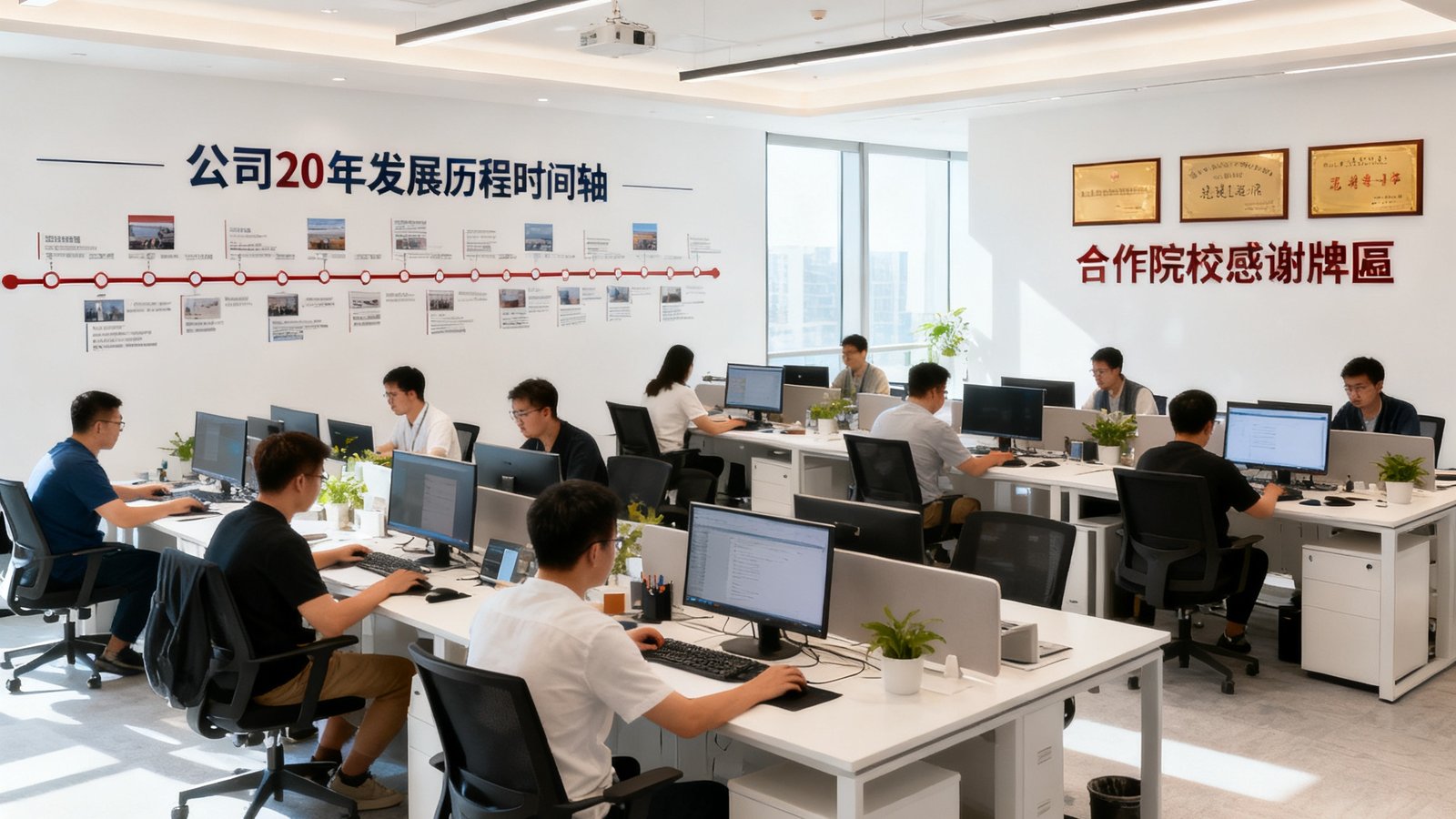 球探体育北京总部开放式办公区全景，数十名数据分析师和装备选品专家在宽敞明亮的办公室中协作，墙面展示着公司20年发展历程的时间轴和合作院校的感谢牌匾